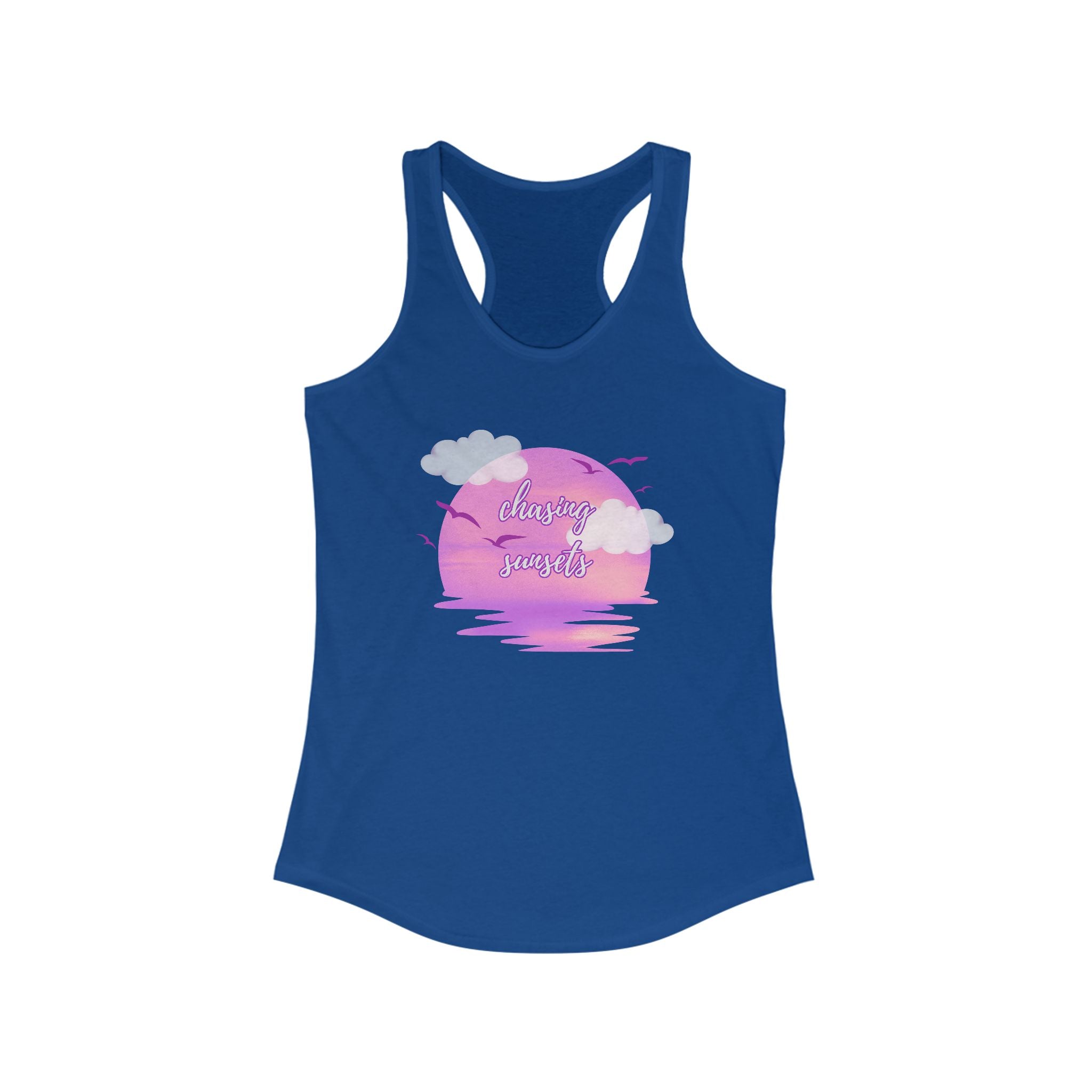 Sunset Vibes Racerback Tank, Women’s Workout Top, Casual Beachwear, Summer Activity Shirt, Gift for Her, Vacation Apparel