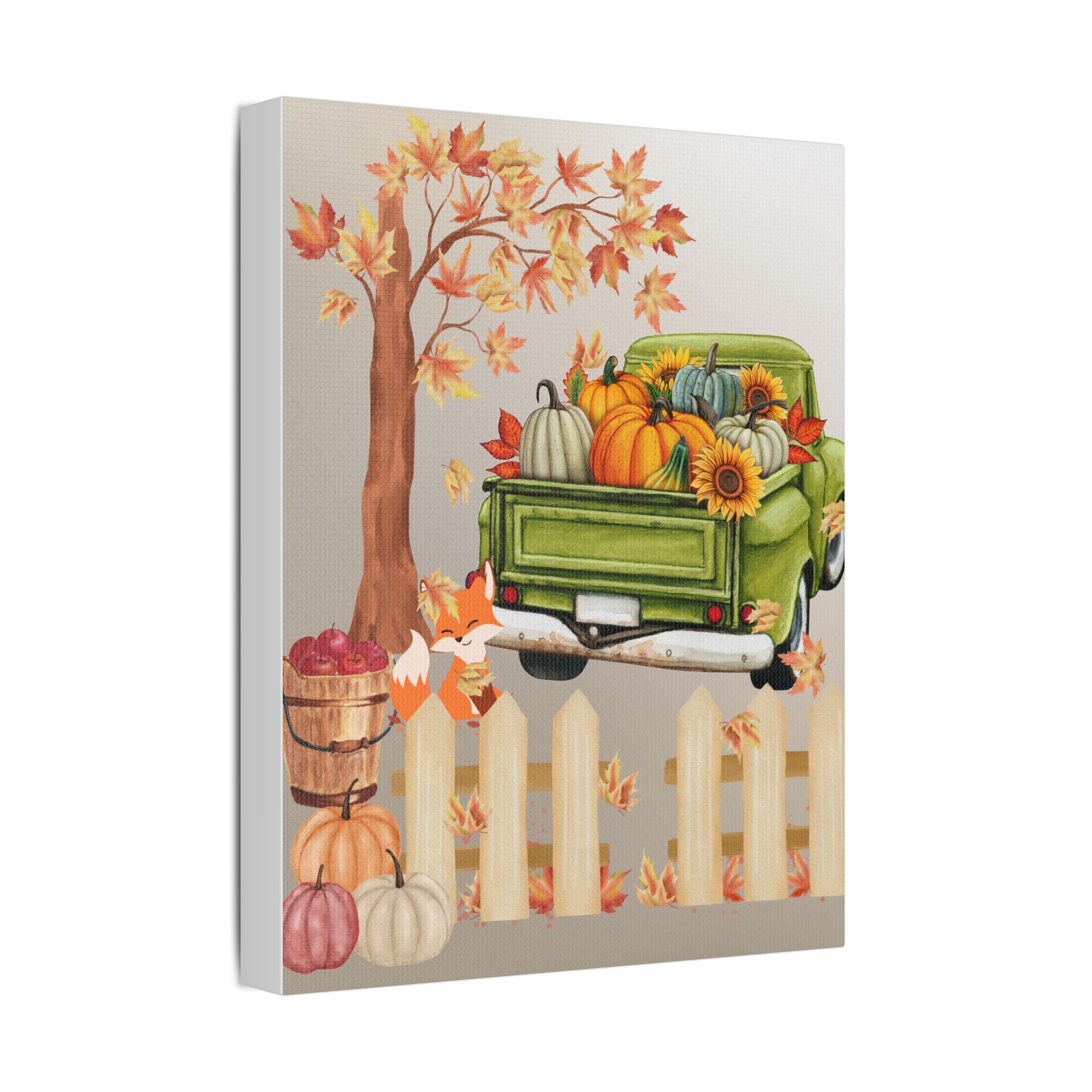 Autumn Themed Cute Fox Canvas Art Print, Fall Home Decor, Thanksgiving Wall Art, Rustic Truck Design, Harvest Decor