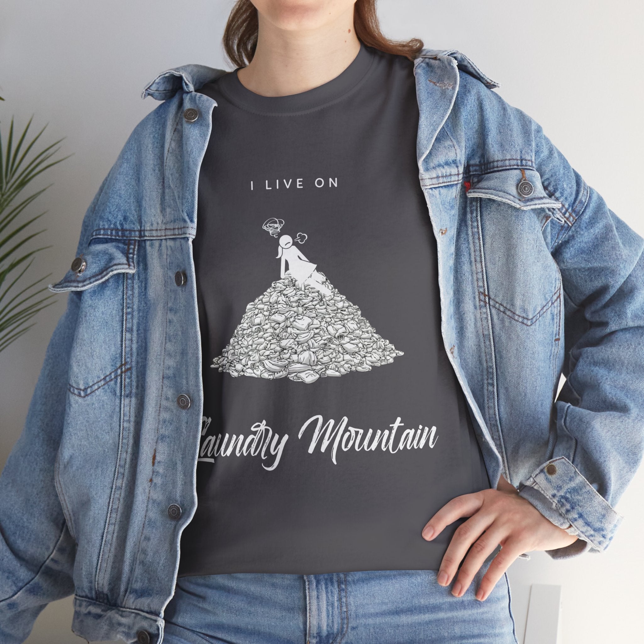 I Live on Laundry Mountain - Graphic Tee | Gildan 5000 Unisex Heavy Cotton T-Shirt, Funny Relatable Shirt, Gifts for Him/Her, Humor Shirt