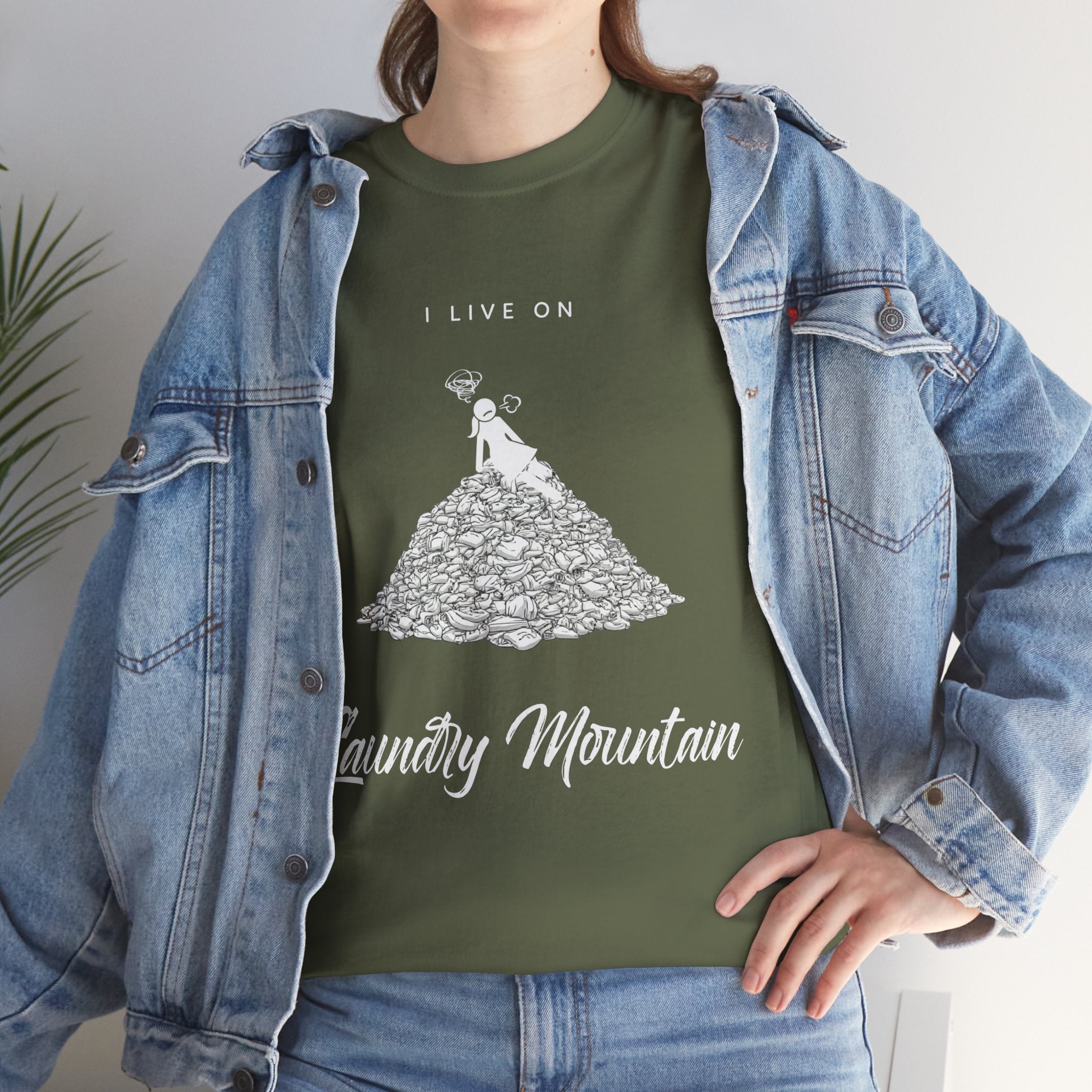 I Live on Laundry Mountain - Graphic Tee | Gildan 5000 Unisex Heavy Cotton T-Shirt, Funny Relatable Shirt, Gifts for Him/Her, Humor Shirt