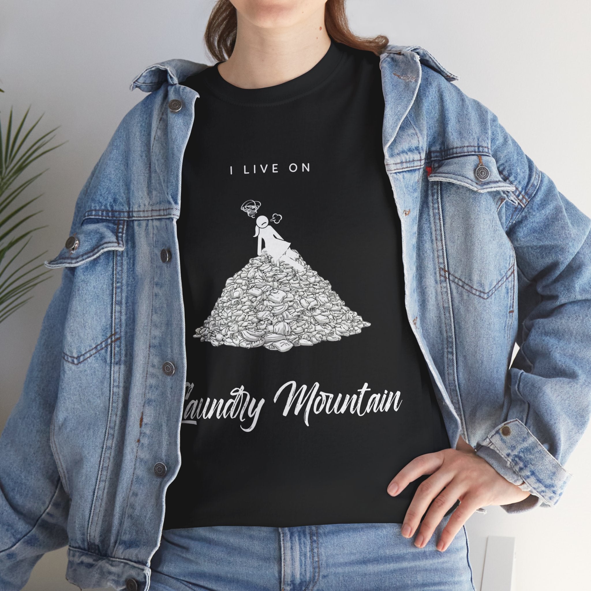I Live on Laundry Mountain - Graphic Tee | Gildan 5000 Unisex Heavy Cotton T-Shirt, Funny Relatable Shirt, Gifts for Him/Her, Humor Shirt