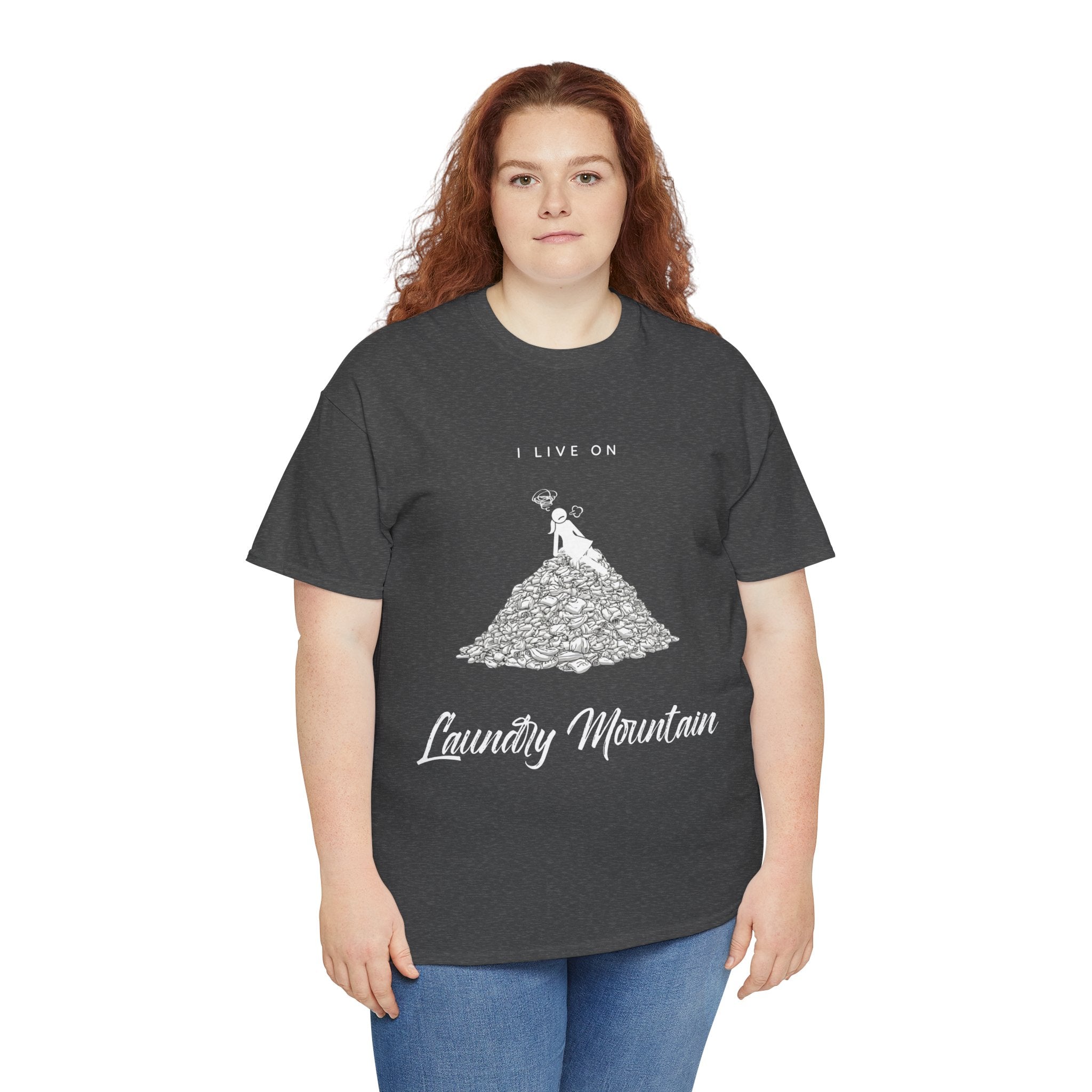 I Live on Laundry Mountain - Graphic Tee | Gildan 5000 Unisex Heavy Cotton T-Shirt, Funny Relatable Shirt, Gifts for Him/Her, Humor Shirt