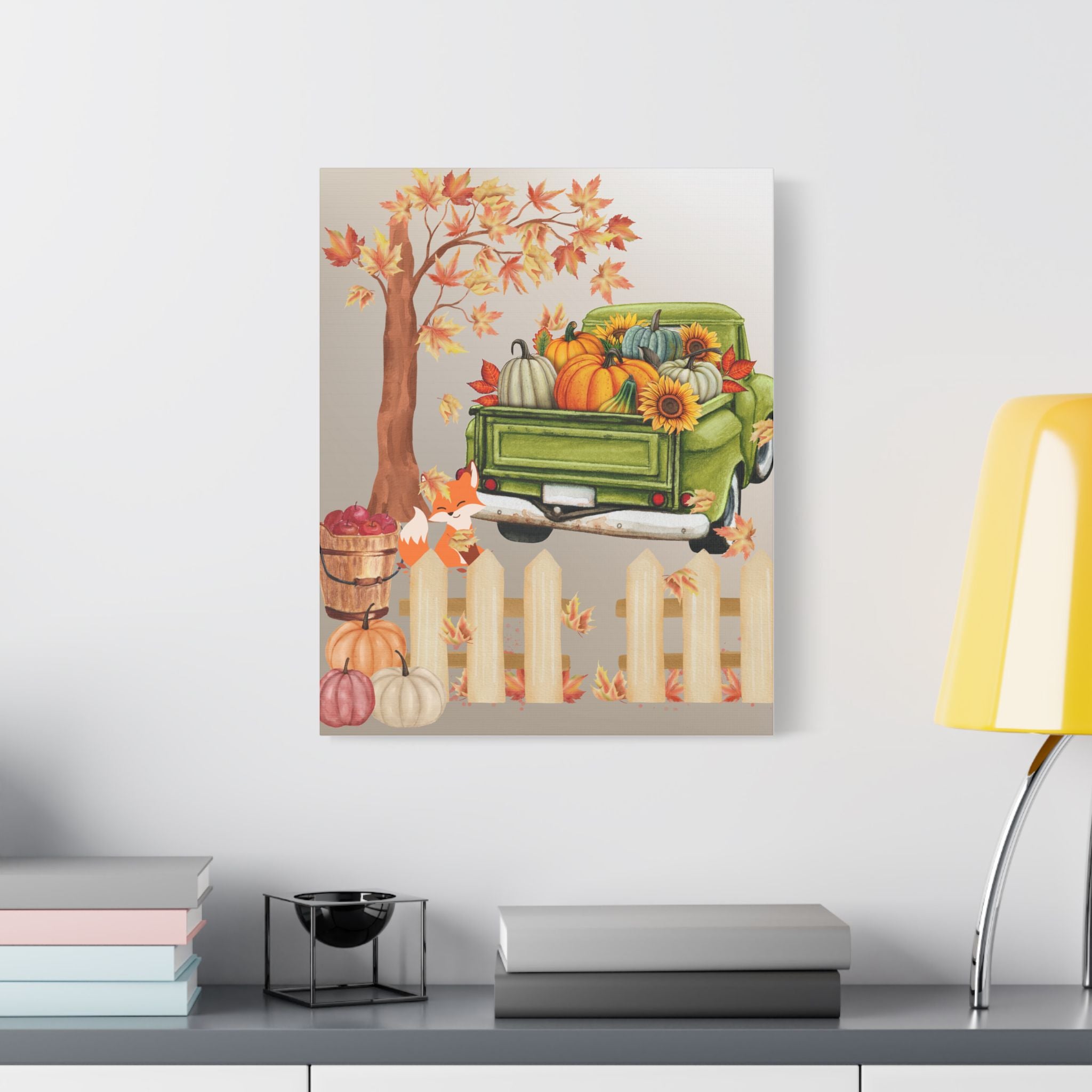 Autumn Themed Cute Fox Canvas Art Print, Fall Home Decor, Thanksgiving Wall Art, Rustic Truck Design, Harvest Decor