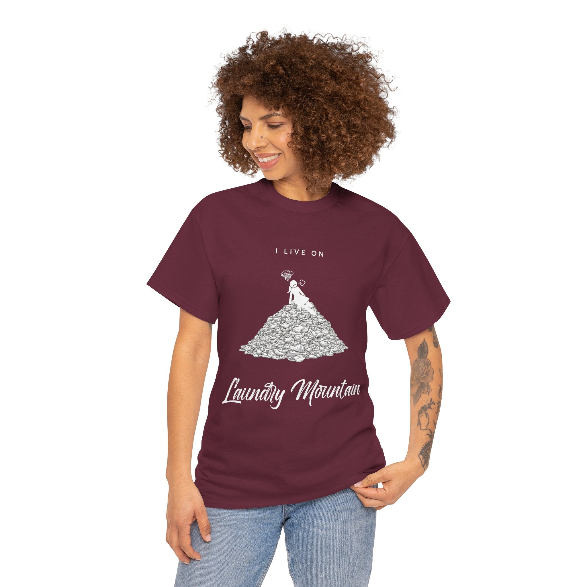 I Live on Laundry Mountain - Graphic Tee | Gildan 5000 Unisex Heavy Cotton T-Shirt, Funny Relatable Shirt, Gifts for Him/Her, Humor Shirt