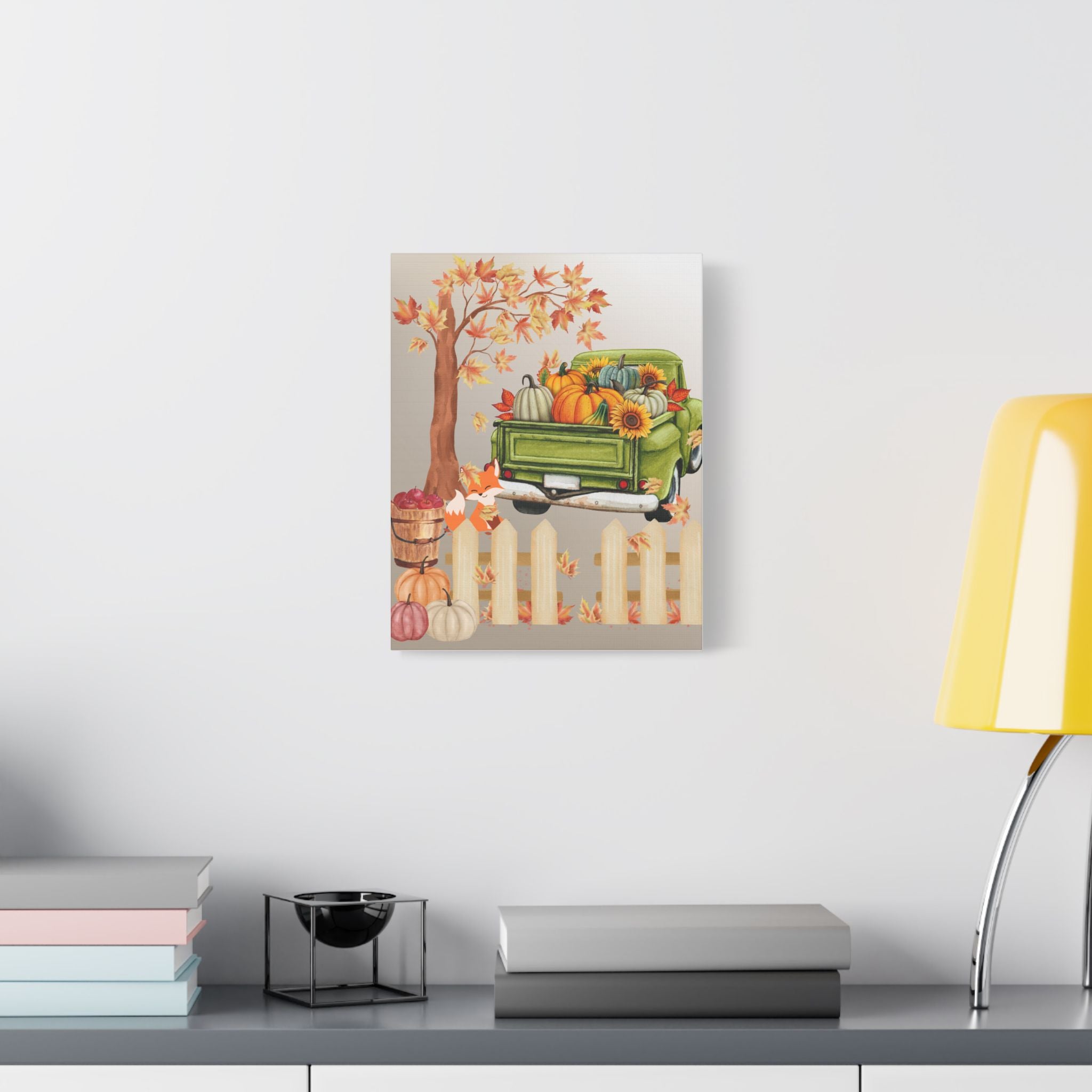 Autumn Themed Cute Fox Canvas Art Print, Fall Home Decor, Thanksgiving Wall Art, Rustic Truck Design, Harvest Decor