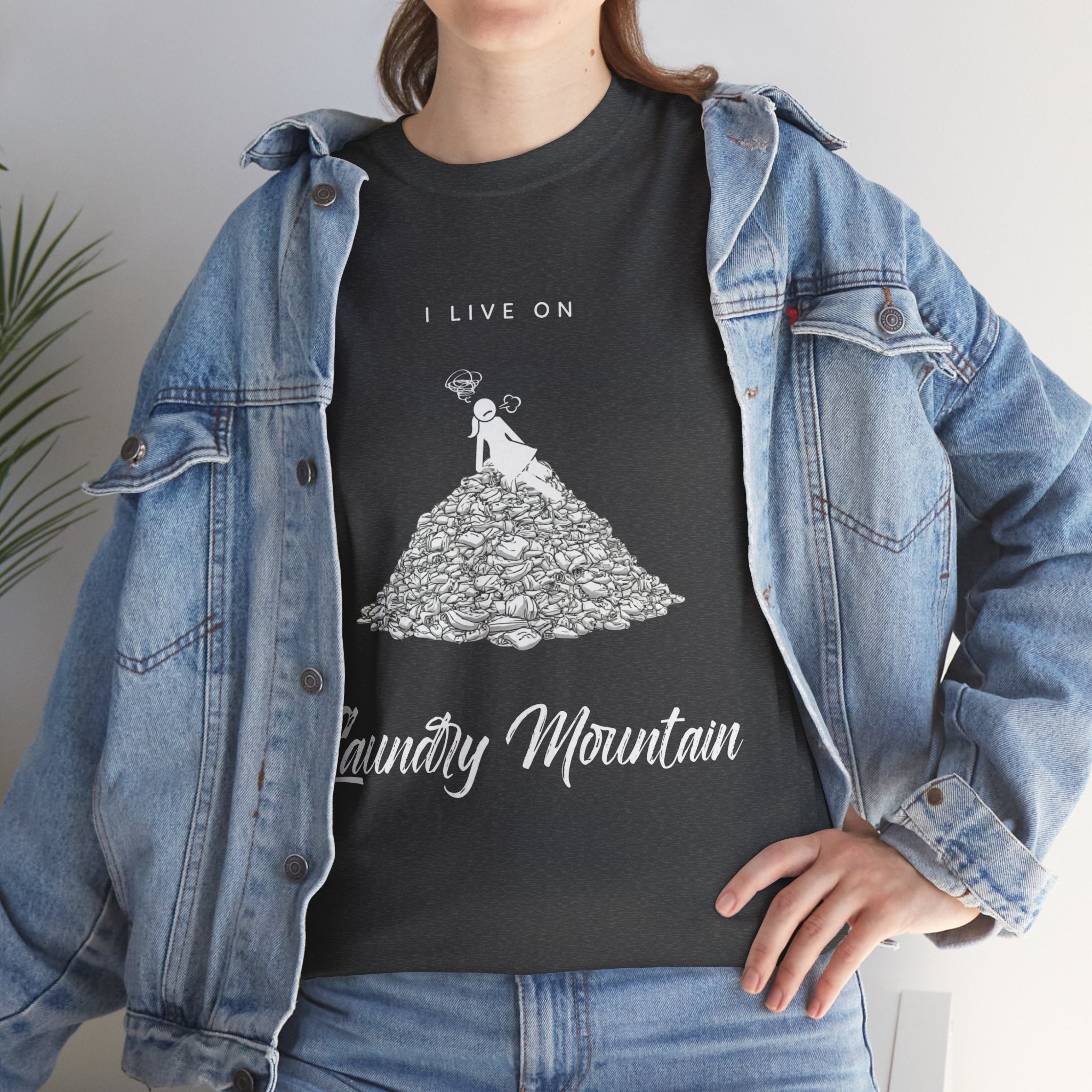 I Live on Laundry Mountain - Graphic Tee | Gildan 5000 Unisex Heavy Cotton T-Shirt, Funny Relatable Shirt, Gifts for Him/Her, Humor Shirt
