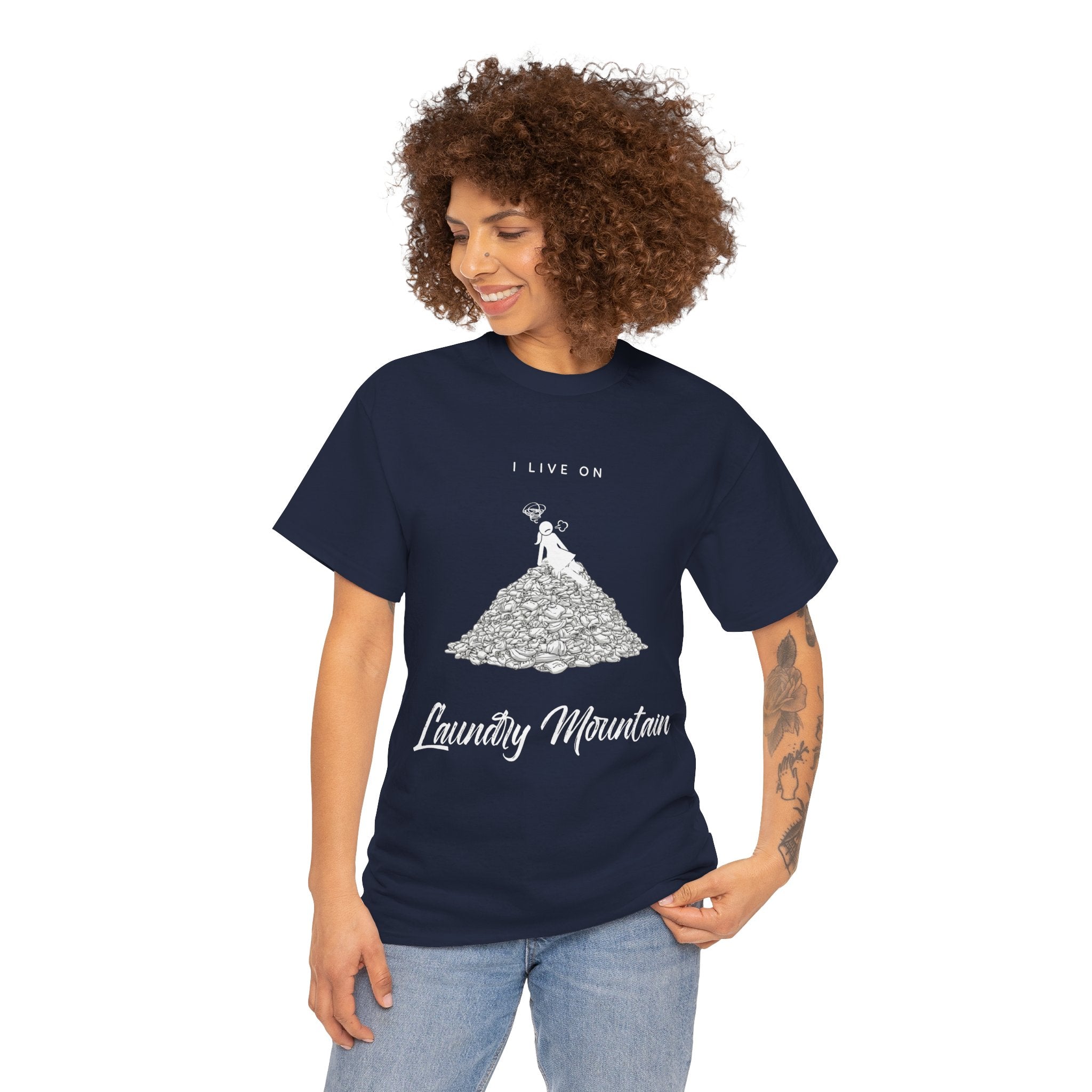 I Live on Laundry Mountain - Graphic Tee | Gildan 5000 Unisex Heavy Cotton T-Shirt, Funny Relatable Shirt, Gifts for Him/Her, Humor Shirt