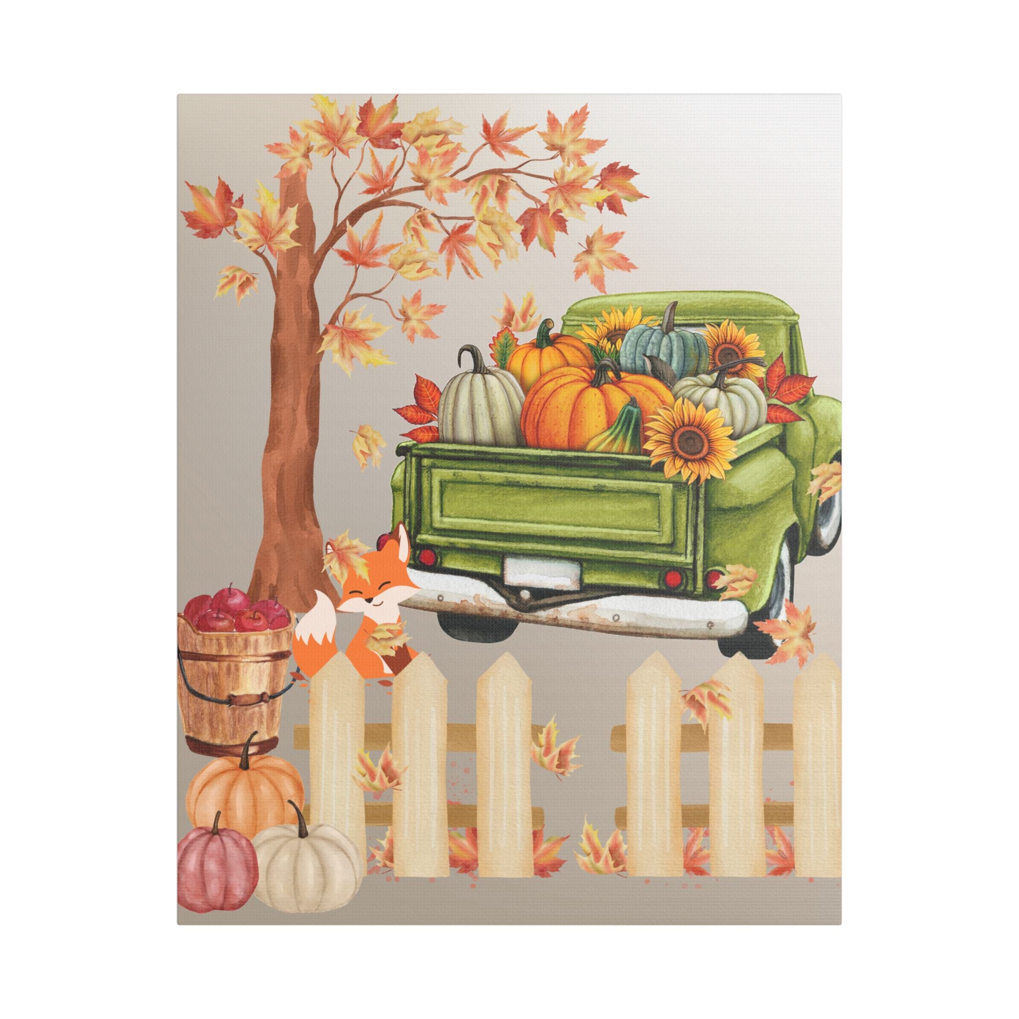 Autumn Themed Cute Fox Canvas Art Print, Fall Home Decor, Thanksgiving Wall Art, Rustic Truck Design, Harvest Decor