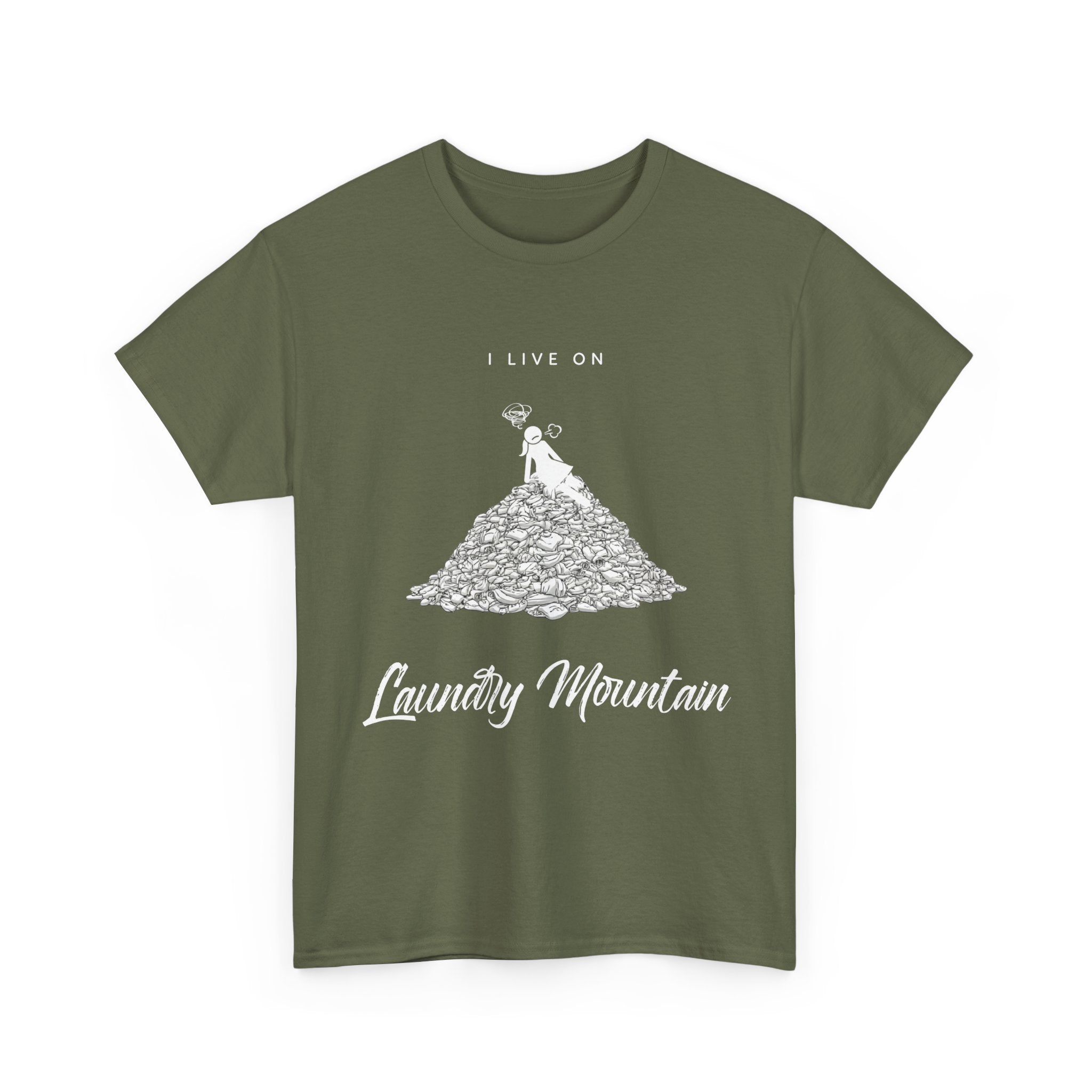 I Live on Laundry Mountain - Graphic Tee | Gildan 5000 Unisex Heavy Cotton T-Shirt, Funny Relatable Shirt, Gifts for Him/Her, Humor Shirt