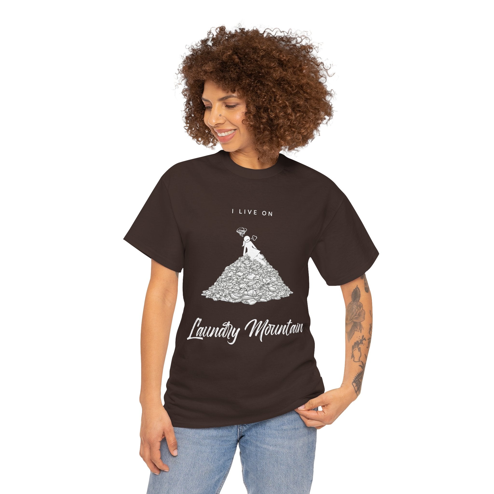I Live on Laundry Mountain - Graphic Tee | Gildan 5000 Unisex Heavy Cotton T-Shirt, Funny Relatable Shirt, Gifts for Him/Her, Humor Shirt