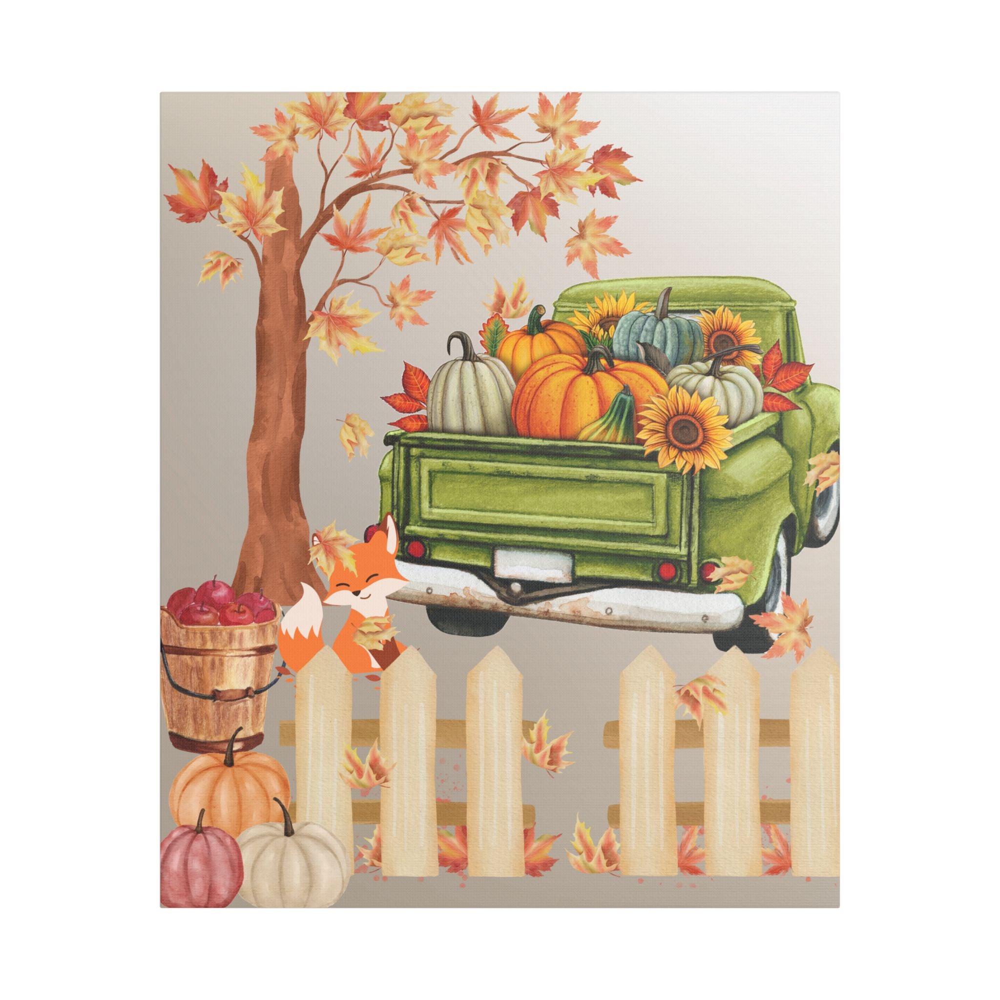 Autumn Themed Cute Fox Canvas Art Print, Fall Home Decor, Thanksgiving Wall Art, Rustic Truck Design, Harvest Decor