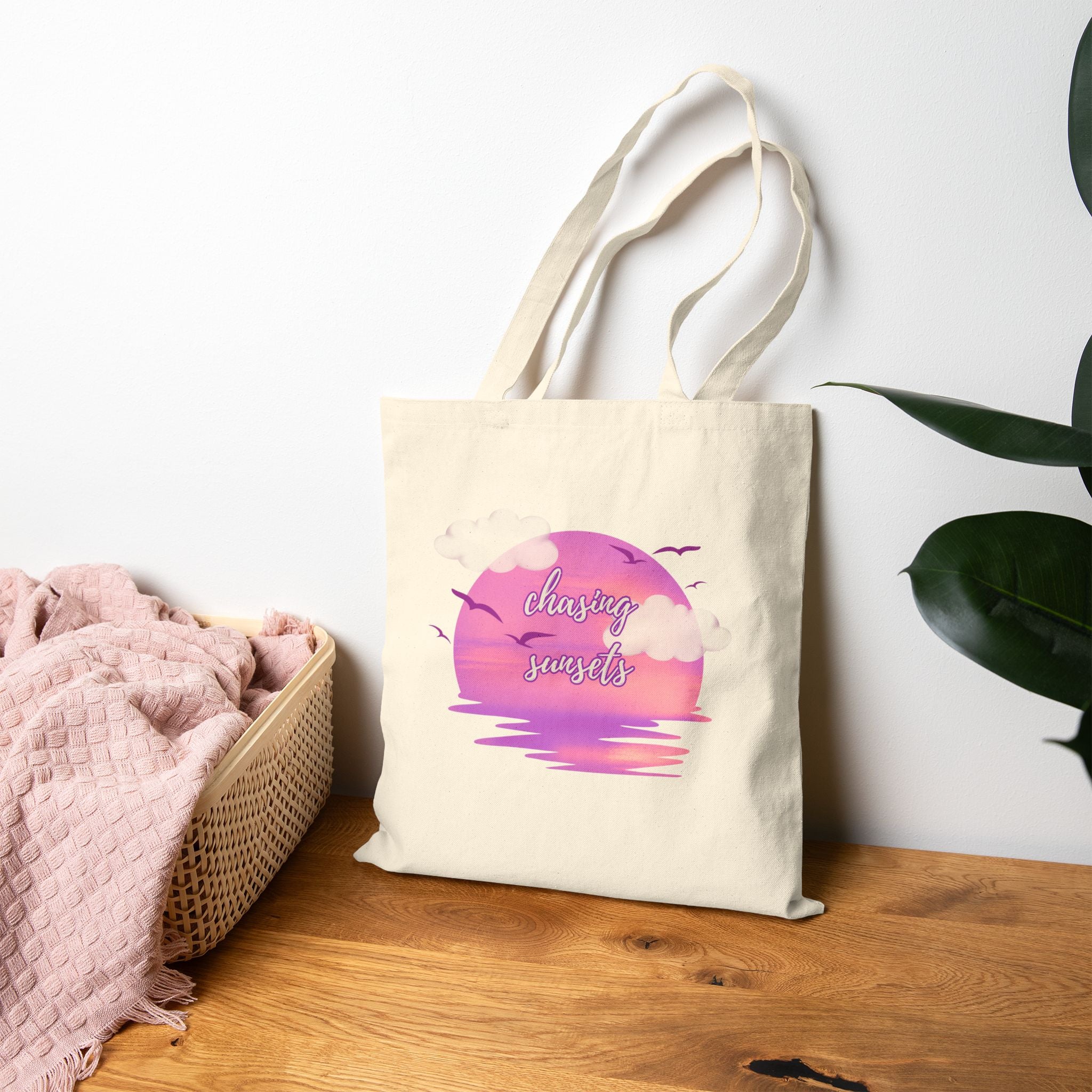 Chasing Sunsets Cotton Canvas Tote Bag, Beach Bag, Shopping Tote, Reusable Eco-Friendly Bag, Gift for Nature Lovers