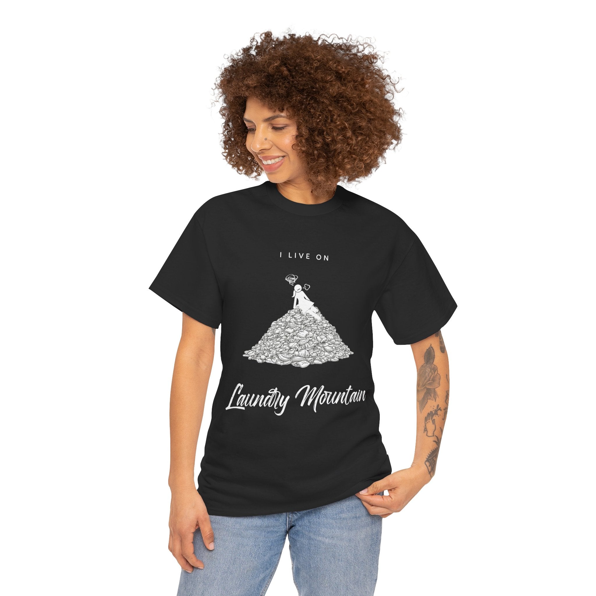 I Live on Laundry Mountain - Graphic Tee | Gildan 5000 Unisex Heavy Cotton T-Shirt, Funny Relatable Shirt, Gifts for Him/Her, Humor Shirt