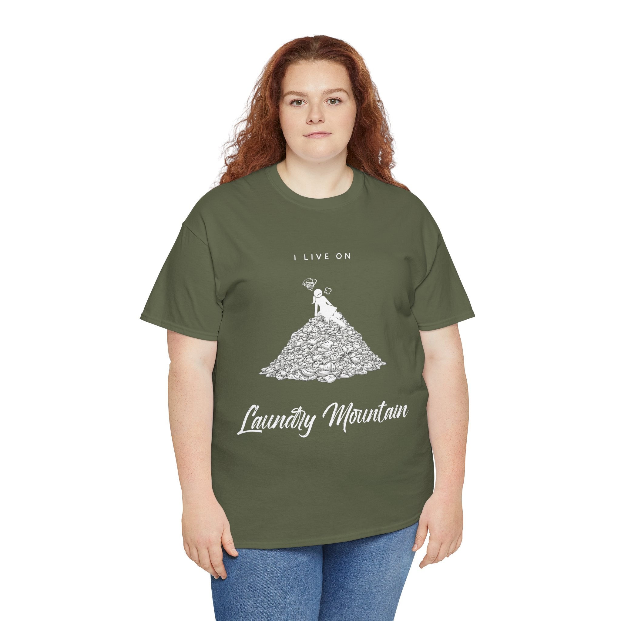 I Live on Laundry Mountain - Graphic Tee | Gildan 5000 Unisex Heavy Cotton T-Shirt, Funny Relatable Shirt, Gifts for Him/Her, Humor Shirt
