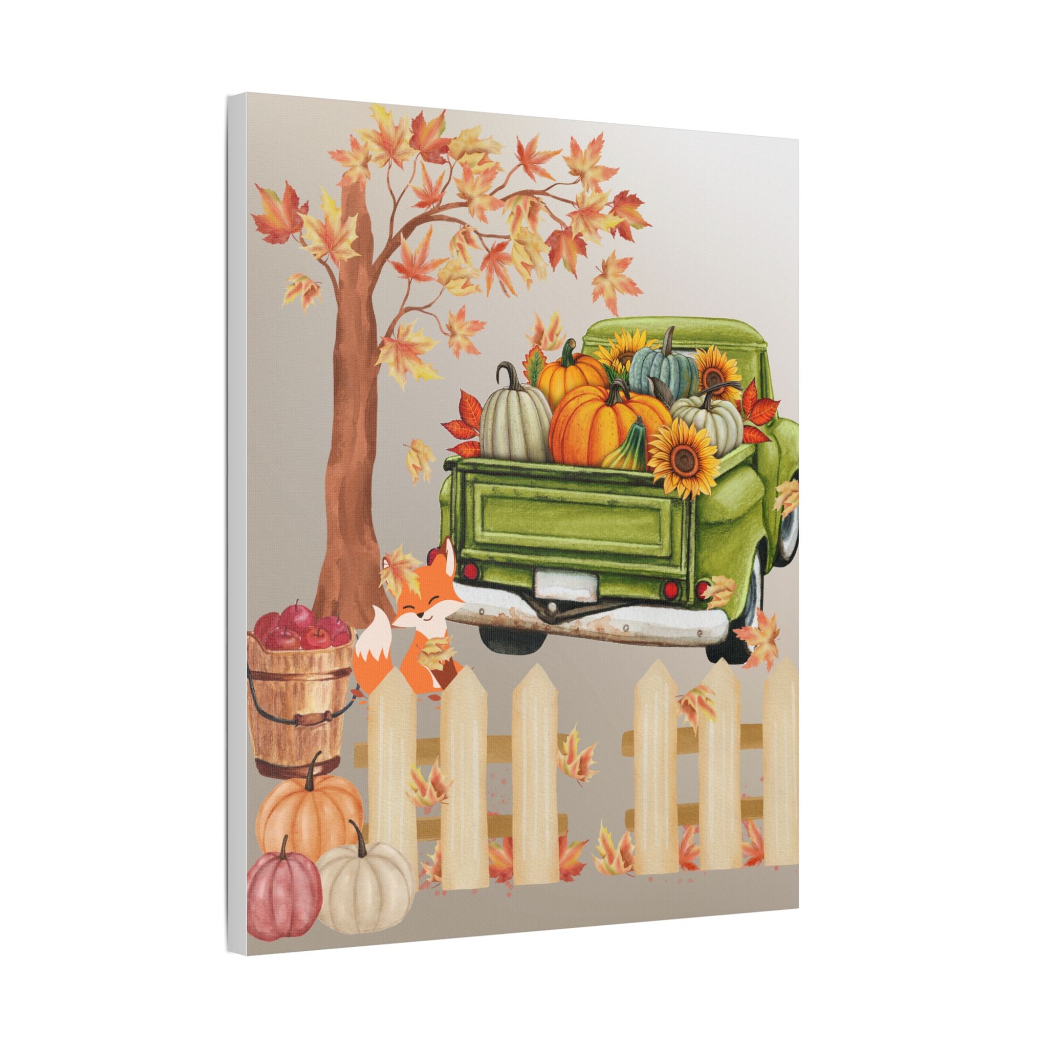 Autumn Themed Cute Fox Canvas Art Print, Fall Home Decor, Thanksgiving Wall Art, Rustic Truck Design, Harvest Decor