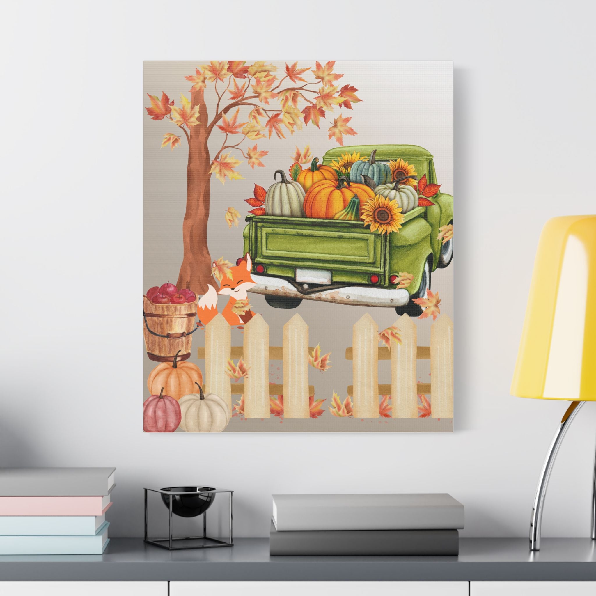Autumn Themed Cute Fox Canvas Art Print, Fall Home Decor, Thanksgiving Wall Art, Rustic Truck Design, Harvest Decor