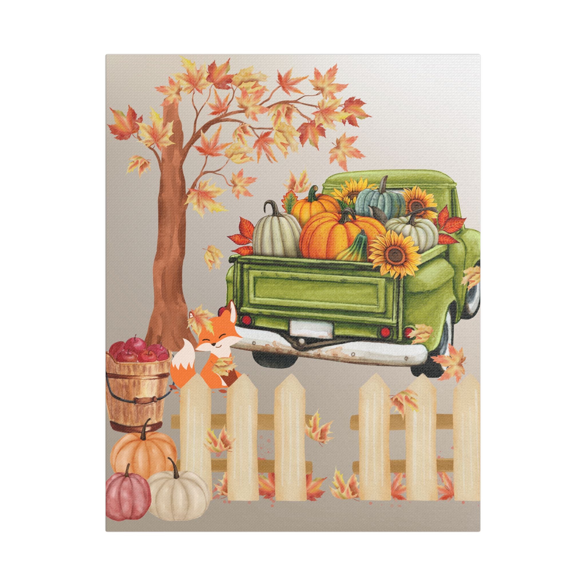 Autumn Themed Cute Fox Canvas Art Print, Fall Home Decor, Thanksgiving Wall Art, Rustic Truck Design, Harvest Decor