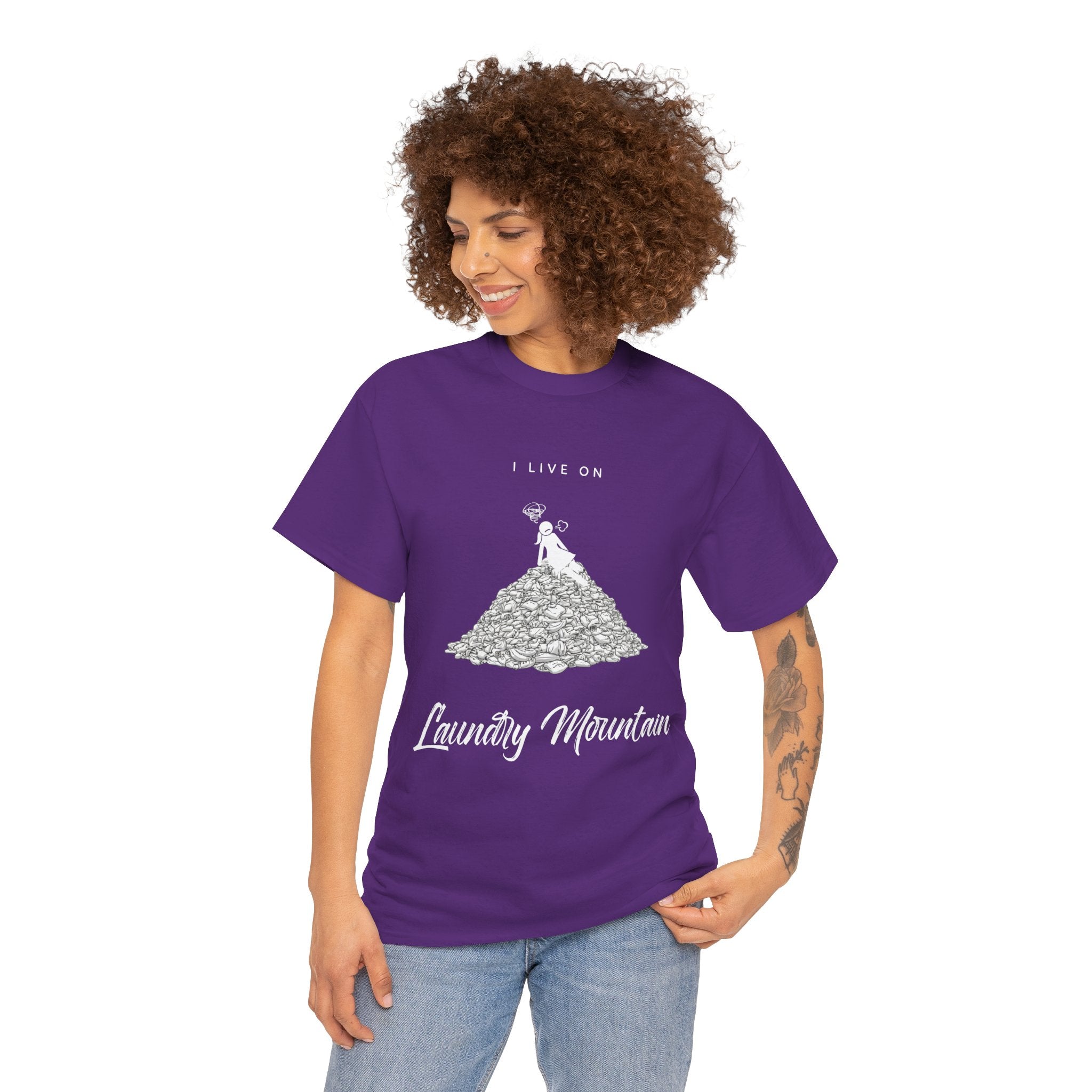 I Live on Laundry Mountain - Graphic Tee | Gildan 5000 Unisex Heavy Cotton T-Shirt, Funny Relatable Shirt, Gifts for Him/Her, Humor Shirt