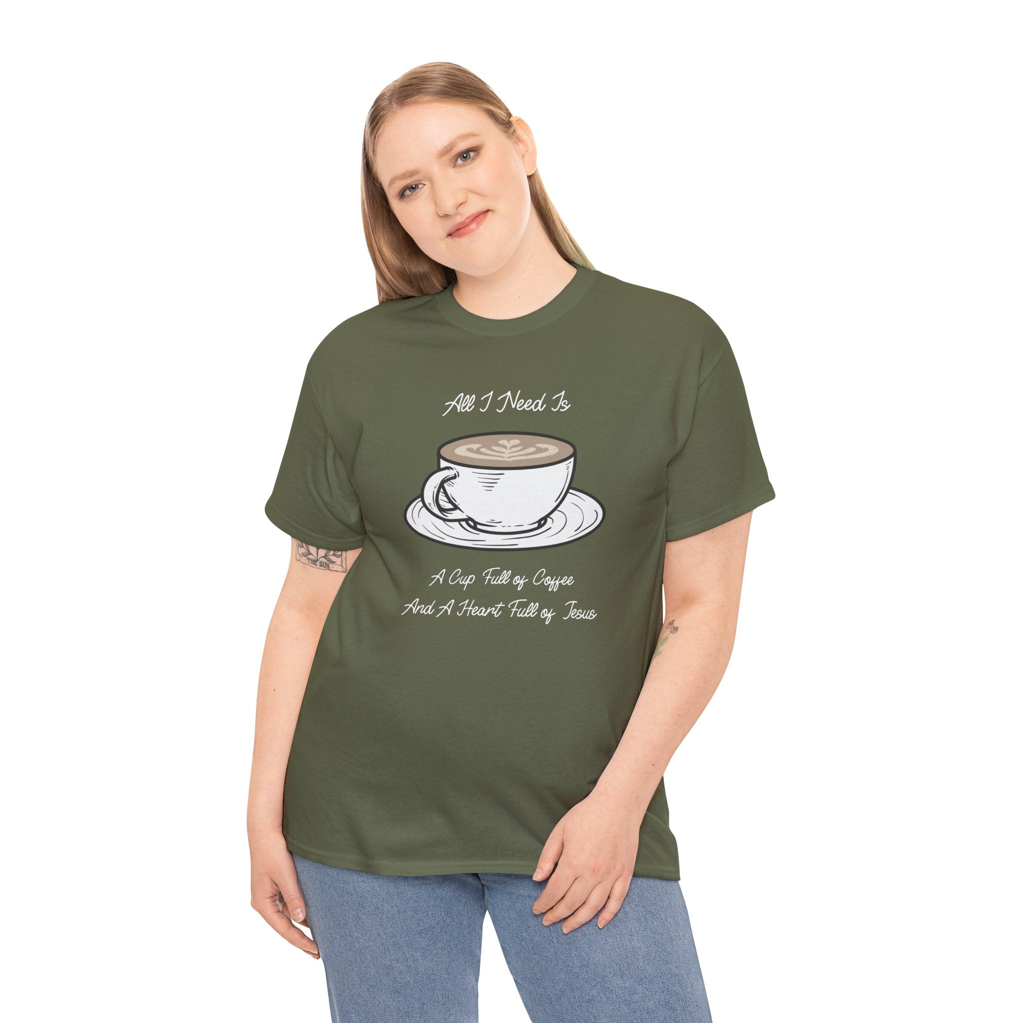 Unisex Heavy Cotton Tee with Coffee and Faith Design - Perfect for Coffee Lovers, Christians, Gifts, Casual Wear, and Everyday Comfort