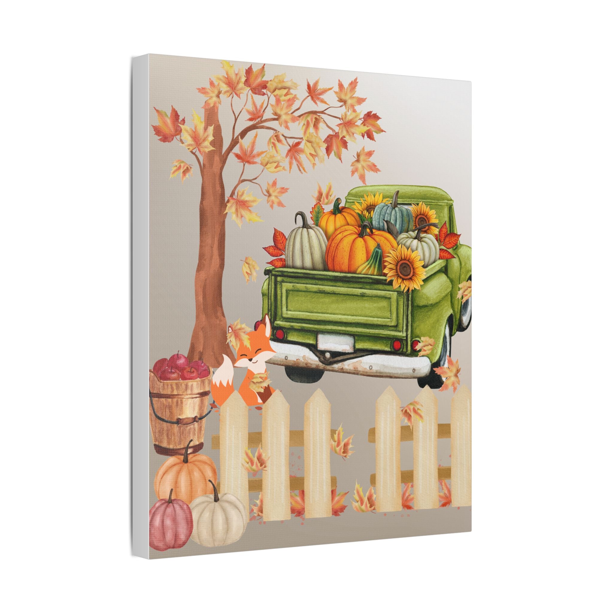 Autumn Themed Cute Fox Canvas Art Print, Fall Home Decor, Thanksgiving Wall Art, Rustic Truck Design, Harvest Decor