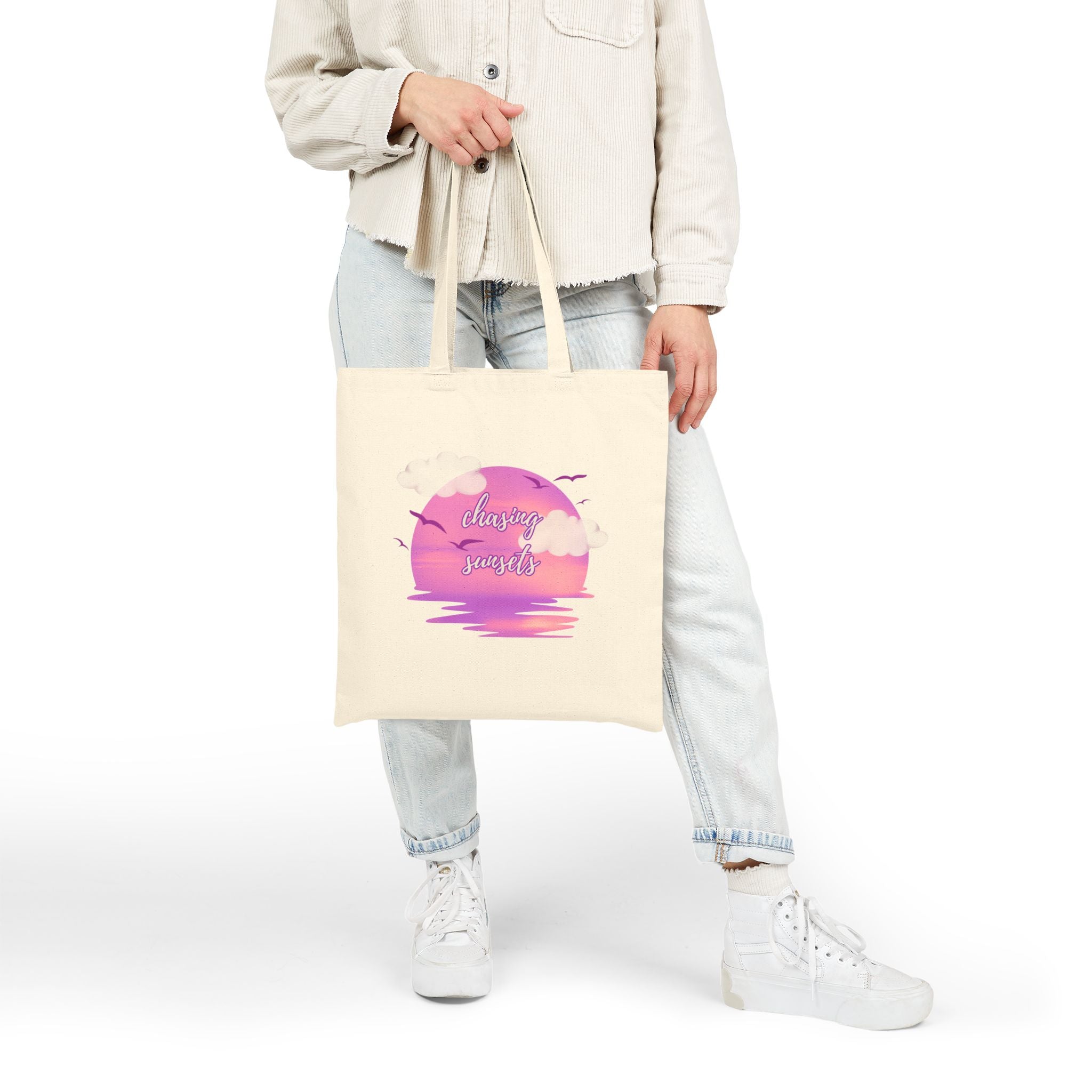 Chasing Sunsets Cotton Canvas Tote Bag, Beach Bag, Shopping Tote, Reusable Eco-Friendly Bag, Gift for Nature Lovers