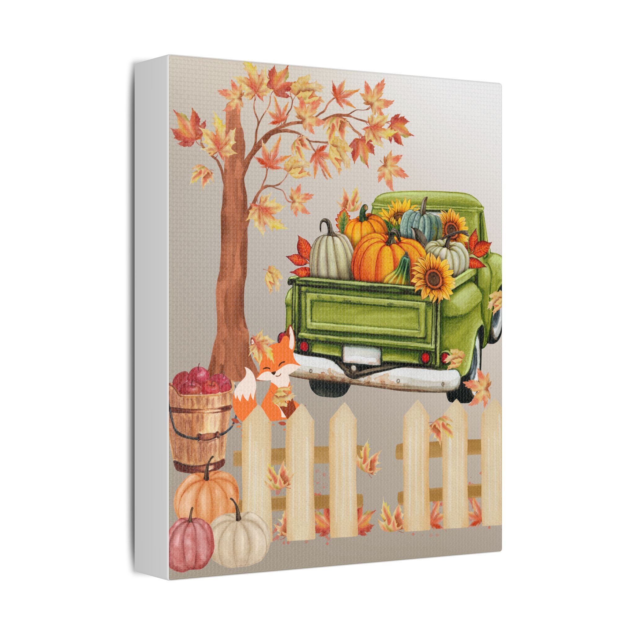 Autumn Themed Cute Fox Canvas Art Print, Fall Home Decor, Thanksgiving Wall Art, Rustic Truck Design, Harvest Decor