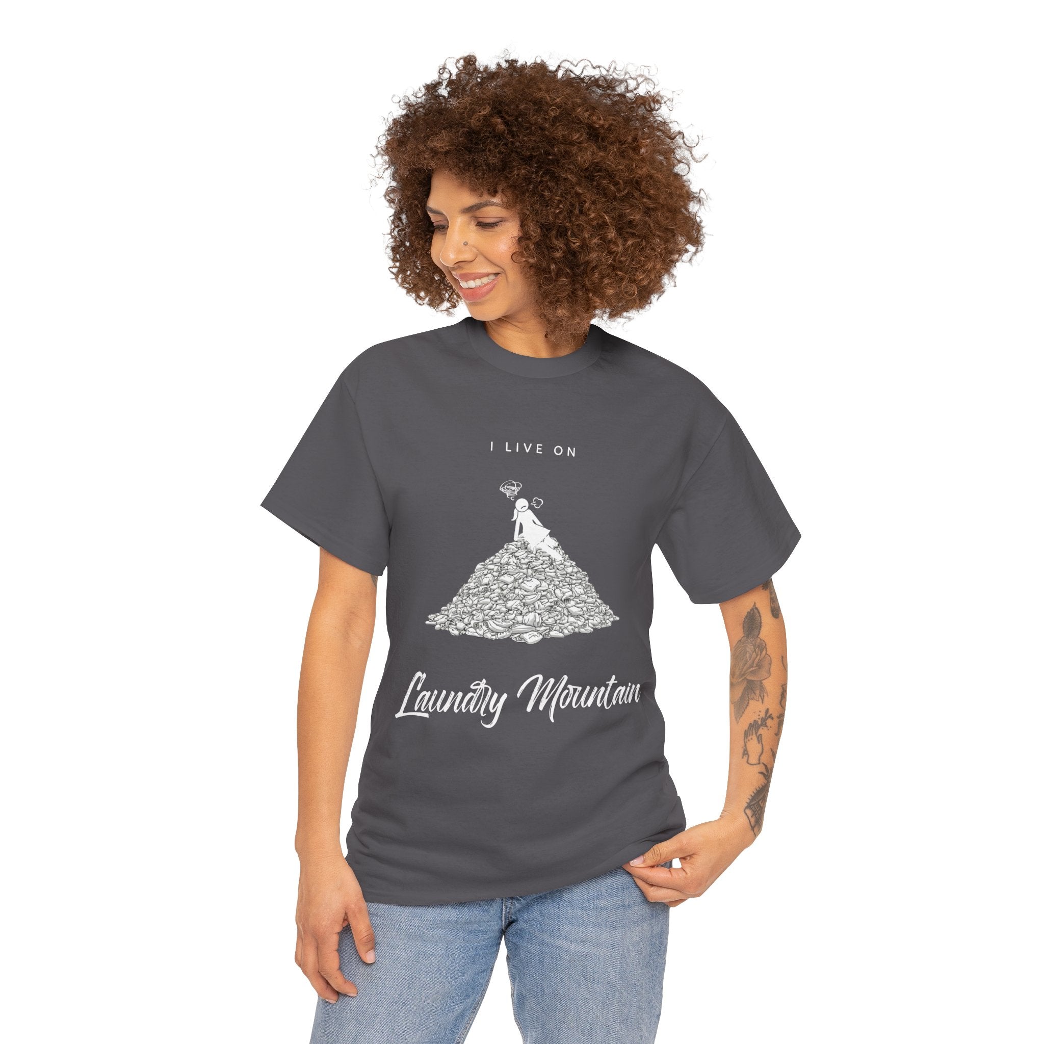 I Live on Laundry Mountain - Graphic Tee | Gildan 5000 Unisex Heavy Cotton T-Shirt, Funny Relatable Shirt, Gifts for Him/Her, Humor Shirt