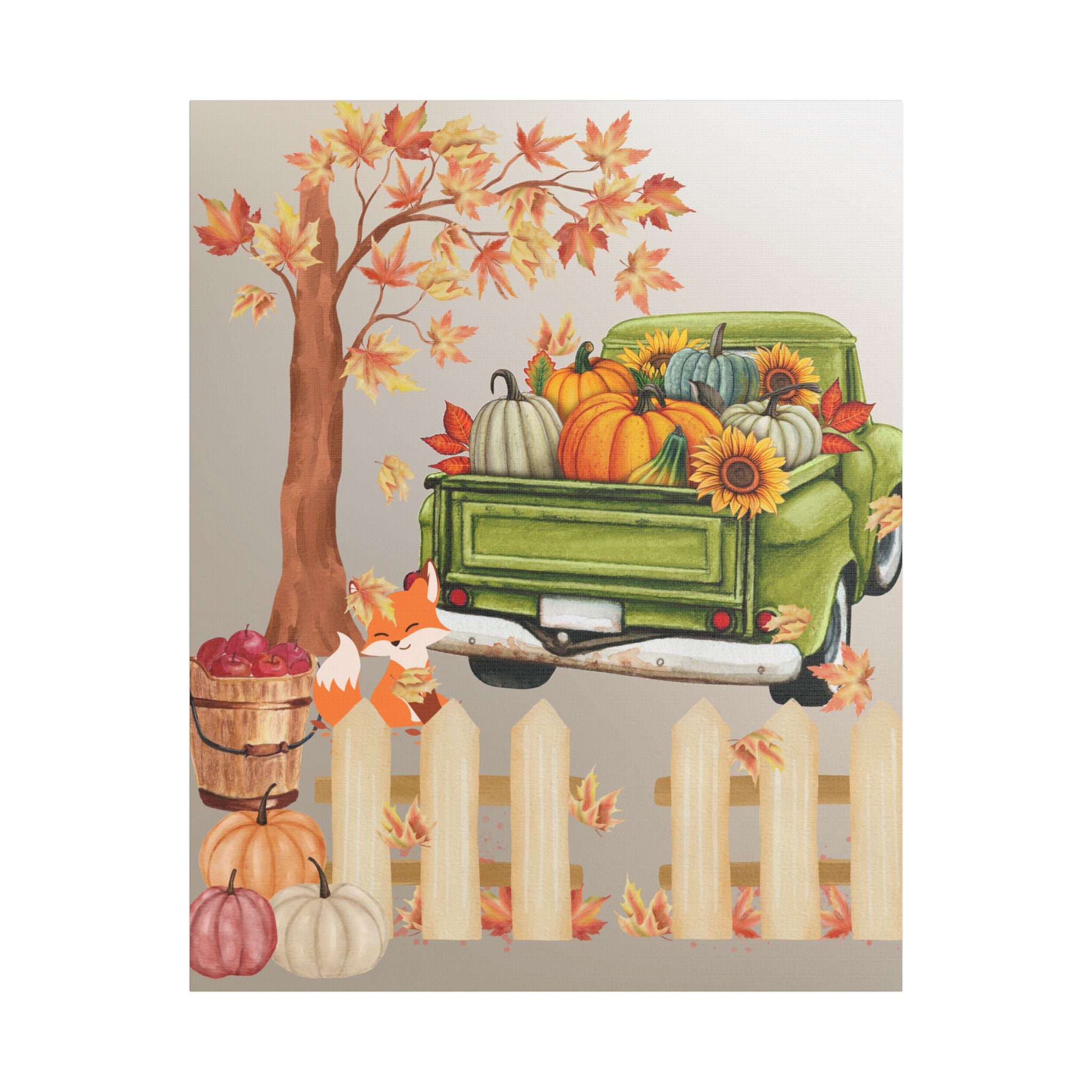 Autumn Themed Cute Fox Canvas Art Print, Fall Home Decor, Thanksgiving Wall Art, Rustic Truck Design, Harvest Decor