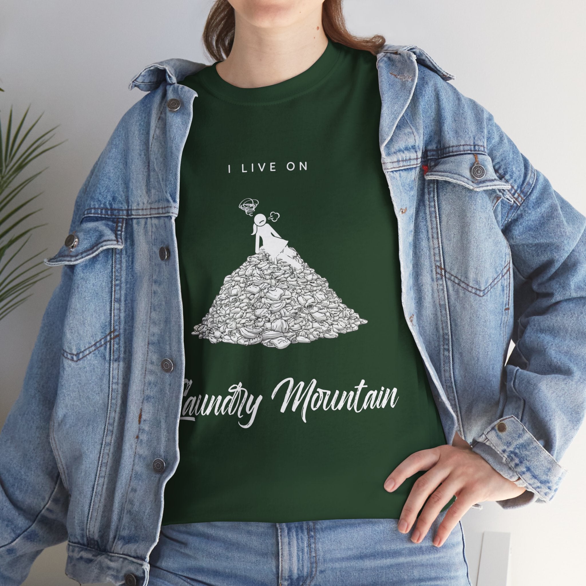 I Live on Laundry Mountain - Graphic Tee | Gildan 5000 Unisex Heavy Cotton T-Shirt, Funny Relatable Shirt, Gifts for Him/Her, Humor Shirt