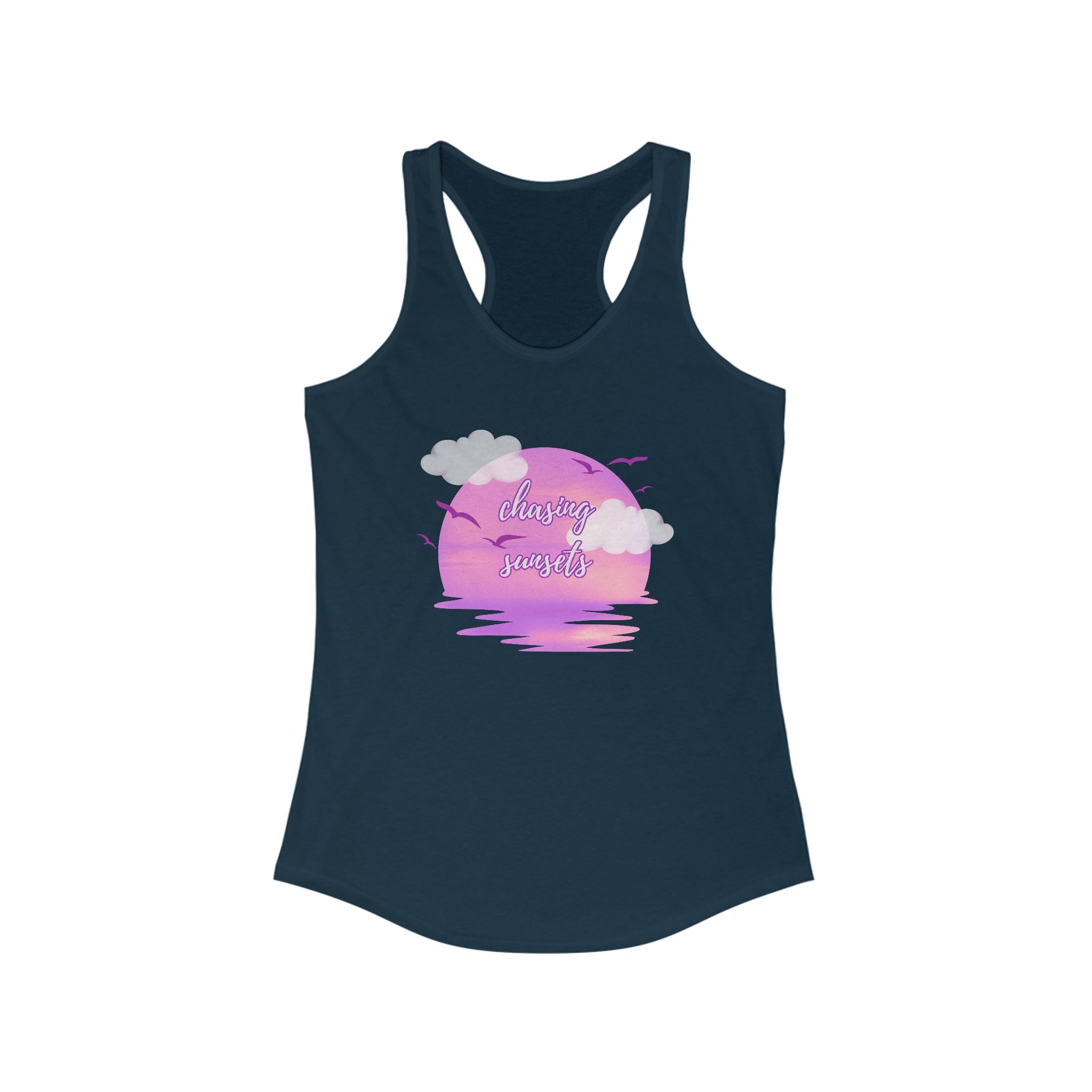 Sunset Vibes Racerback Tank, Women’s Workout Top, Casual Beachwear, Summer Activity Shirt, Gift for Her, Vacation Apparel