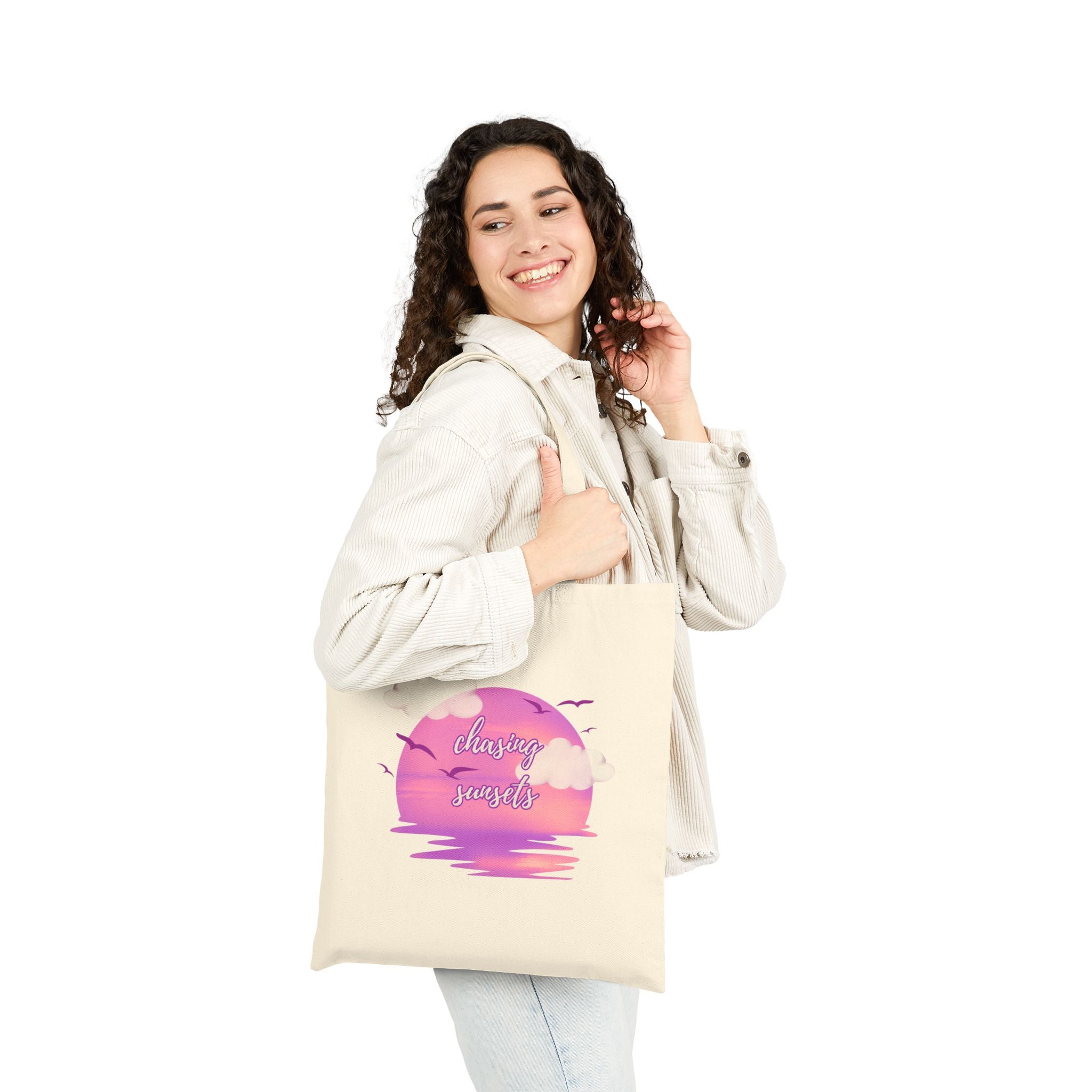 Chasing Sunsets Cotton Canvas Tote Bag, Beach Bag, Shopping Tote, Reusable Eco-Friendly Bag, Gift for Nature Lovers