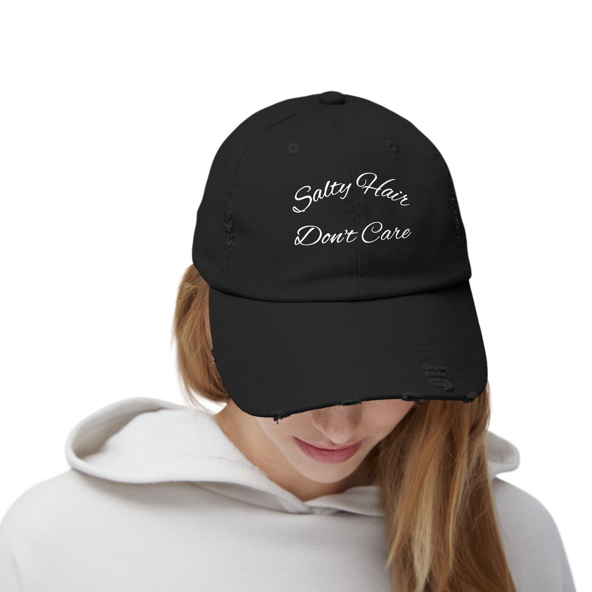 Salty Hair Don't Care Stylish Unisex Distressed Cap - Perfect for Beach Days, Vacation, and Casual Outings, Salty Hair Don't Care Hat, Trendy Accessories, [...]