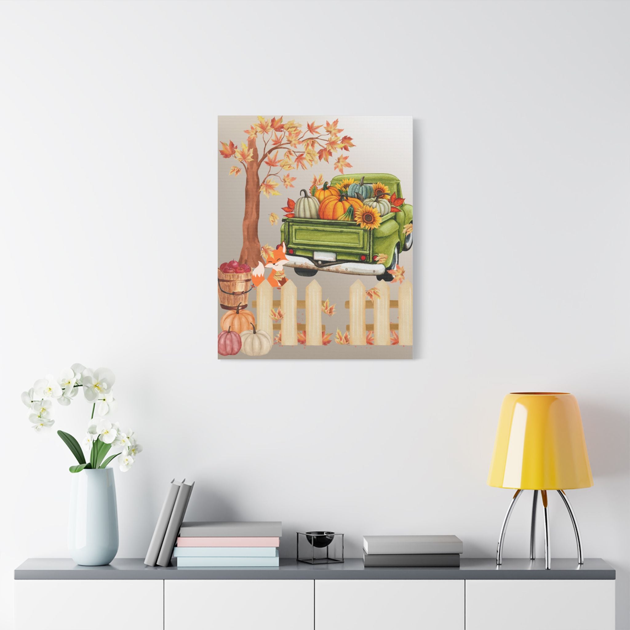 Autumn Themed Cute Fox Canvas Art Print, Fall Home Decor, Thanksgiving Wall Art, Rustic Truck Design, Harvest Decor